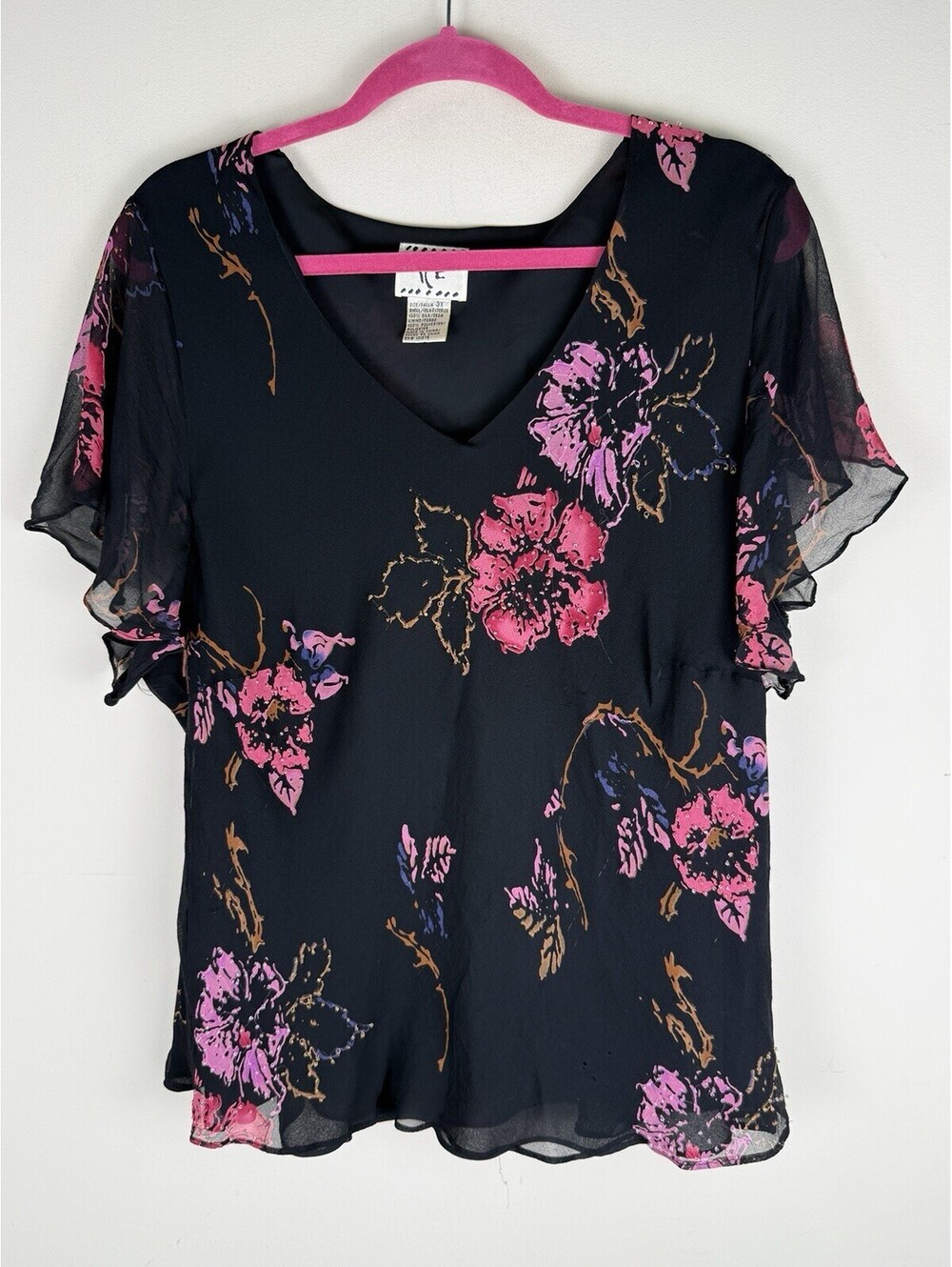 Vintage ICE Women's 100% Silk Black Floral Beaded Blouse Flutter Sleeve 3X Party